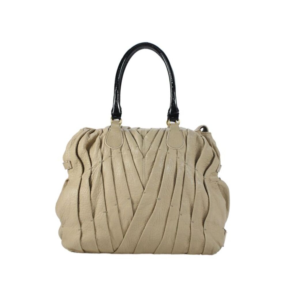 Valentino Garavani Womens Leather Pleated Zippered Tote Handbag Beige